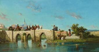 Arabes à cheval sur un pont de pierre (Henri van Wyk) - Muzeo.com