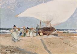 Barques et groupes de pêcheurs à Valence (Joaquin Sorolla y Bastida) - Muzeo.com