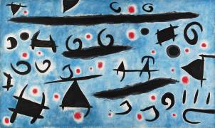 Danse de personnages et d'oiseaux sur un ciel bleu ; étincelles (Joan Miró) - Muzeo.com