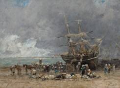 Déchargement du bateau de pêche de Terre-Neuve (Eugène Boudin) - Muzeo.com