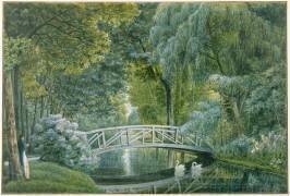 Douze vues du domaine de Malmaison : vue du pont de bois sur la rivière à la gauche du château