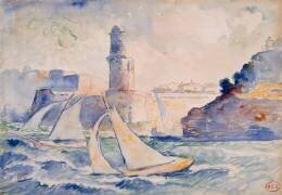 Entrée d'un port (Antibes) avec au premier plan deux voiliers et à l'arrière plan un phare (Henri-Edmond Cross) - Muzeo.com