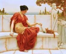 Grèce antique : une noble grecque, assise sur une banc en marbre, joue avec un chaton dans le jardin d'une villa (John William Godward) - Muzeo.com