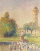 Jeune femme, dans une prairie, au bord d'une mare (Camille Pissarro) - Muzeo.com