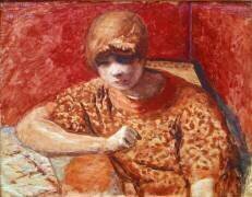 Le chemisier orange Jeune femme rêveuse assise a une table sur un fond rouge (Pierre Bonnard) - Muzeo.com