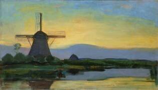 Le moulin de Oostzijdse, ciel bleu, jaune et violet (Piet Mondrian) - Muzeo.com