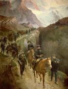 Nos Alpins. Détachement d'artilleurs de montagne descendant un chemin (Louis Auguste Loustaunau) - Muzeo.com
