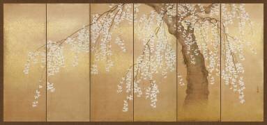 Paravent : Cerisier en fleurs sur fond or uni (anonyme) - Muzeo.com