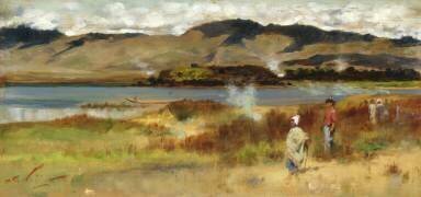 Tribus au bord du lac Tarawera, près de Rotorua, Nouvelle-Zélande (Girolamo Pieri Nerli) - Muzeo.com