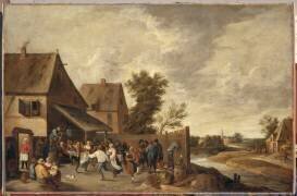 Fête de village avec joueur de cornemuse sur un tonneau (Thomas van Apshoven) - Muzeo.com