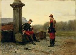 Le rapport : soldat faisant son rapport à un officier, vers 1890. (Etienne Prosper...) - Muzeo.com