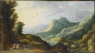 Paysage montagneux avec famille de paysans se reposant au bord d'un chemin (Joos de Momper le Jeune) - Muzeo.com
