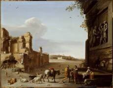 Ruines de l'Ancienne Rome avec un bas relief représentant le sacrifice de Marc-Aurèle (Cornelis van Poelenburgh) - Muzeo.com