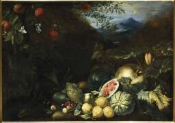 Pastèques, citrons, fleurs de courgettes et lézard sur fond de paysage (Bartolomeo Bimbi) - Muzeo.com
