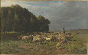 Troupeau de moutons dans un paysage dit aussi Berger conduisant un troupeau de moutons en plaine (Charles Jacque) - Muzeo.com