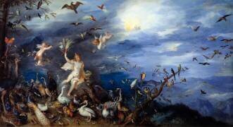 Allégorie de l'air Jeune femme nue entourée de toutes les espèces d'oiseaux (Jan Brueghel l'Ancien) - Muzeo.com