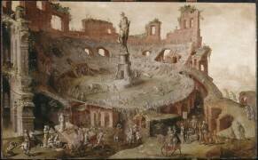 Course de chevaux à l'antique dans le Colisée en ruines (Maarten van Heemskerck) - Muzeo.com