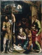 La Nativité de l'Enfant Jésus avec l'adoration des bergers entre saint Jean évangéliste et saint Longin (Giulio Romano) - Muzeo.com
