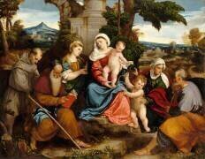 La Sainte Famille avec les saints François, Antoine, Madeleine, Jean-Baptiste et Elisabeth (Bonifazio Veronese) - Muzeo.com