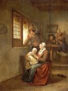 Scène d'intérieur ; femme allaitant son enfant et homme accoudé à une fenêtre (Egbert van Heemskerck) - Muzeo.com
