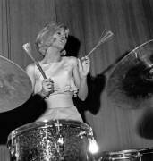 French Singer Sylvie Vartan Playing Drums on Olympia Stage (Rue des Archives) - Muzeo.com