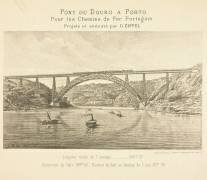 Deux trains sur le pont Maria Pia sur le Douro. Photo d'une peinture (anonymous) - Muzeo.com