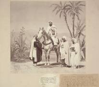 Portrait d'Abd el-Kader à cheval devant un décor de palmiers et d'agaves peint sur toile (Louis Jean Delton) - Muzeo.com