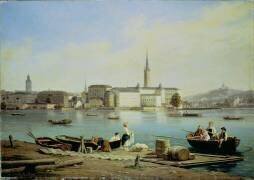 Une vue de Riddarholmen sur le lac Malaven avec le Ridarhuset et l'église de Riddarholms au-delà (Martinus Rorbye) - Muzeo.com