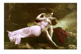 Carte de voeux de la Saint Valentin : un couple en costume romain s'embrassant. (anonymous) - Muzeo.com