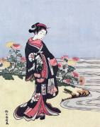 A beauty with chrysanthemums by a river bank (Suzuki Harunobu) - Muzeo.com