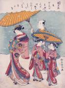 A courtesan, walking in the snow with two young female attendants carrying a parasol, and a male servant carrying a large parasol (Suzuki Harunobu) - Muzeo.com