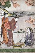 Deux femmes en kimono s'adressent a une autre femme cuisinant. (anonymous) - Muzeo.com
