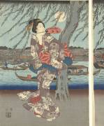 Enjoying an evening breeze at Ryogoku Bridge (Hiroshige) - Muzeo.com