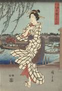 Enjoying an evening breeze at Ryogoku Bridge (Hiroshige) - Muzeo.com