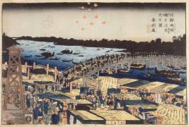 Fireworks in the cool of the evening at the Ryosoku bridge (Hokusai) - Muzeo.com