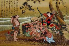 Minamoto no Tametomo challenging the wild inhabitants of Onoshima island to test their strength against him (Hokusai) - Muzeo.com