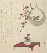 New Year\'s Flower Arrangement on a Table and in a Hanging Vase (Keisai Eisen) - Muzeo.com