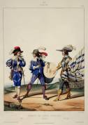 Régiment des Gardes françaises, sous Louis XIII, 1630 : fifre, tambour et enseigne (Gustave David) - Muzeo.com