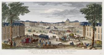 Vue du château de Versailles, prise de la grande avenue entre les deux écuries (Jacques Rigaud) - Muzeo.com