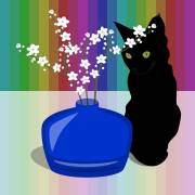 Blue Glass Vase with blossom and black cat (Claire Huntley) - Muzeo.com