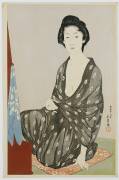 A beauty in a black kimono with white hanabishi patterns, seated before a mirror, 1920 (Goyo Hashigushi) - Muzeo.com