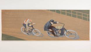 Cycliste et motocycliste sur la piste du vélodrome (anonymous) - Muzeo.com