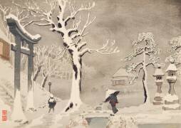 Snow Scene beneath the Embankment at Mimeguri Shrine (Kiyochika Kobayashi) - Muzeo.com